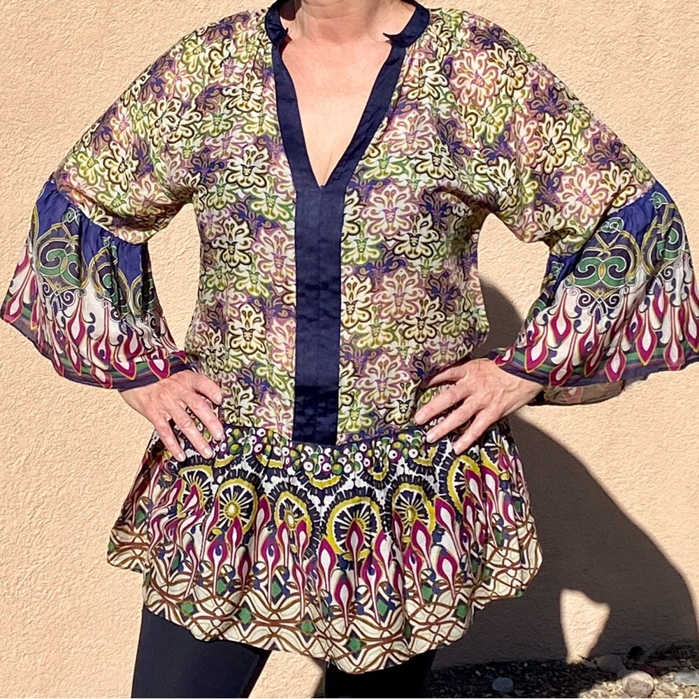 Zara Women’s Tunic Top Sz M Blouse, Boho, Art Deco design, fabulous bell sleeves